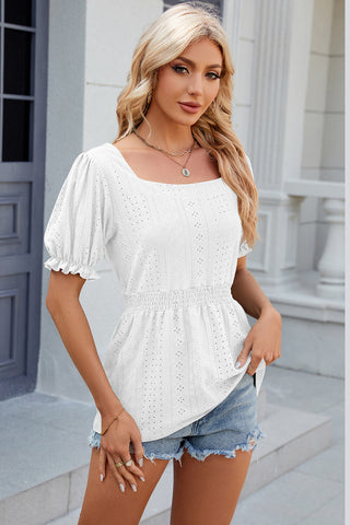 Eyelet Square Neck Short Sleeve T-Shirt Divacious