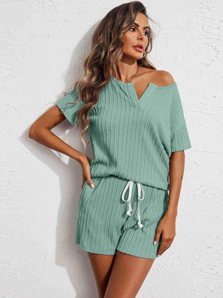 Notched Short Sleeve Top and Shorts Set Trendsi