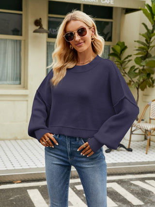 Round Neck Lantern Sleeve Sweater Divacious