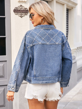 Pearl Trim Long Sleeve Denim Jacket Trendsi