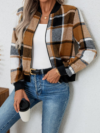 Plaid Zip Up Long Sleeve Jacket Divacious