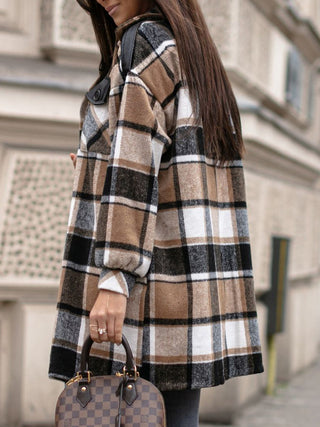 Pocketed Plaid Button Up Dropped Shoulder Shacket Divacious