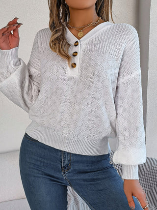 Half Button V-Neck Long Sleeve Sweater Divacious