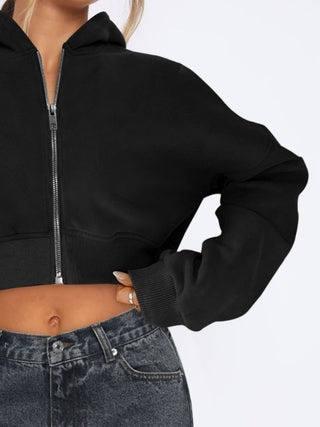 Zip Up Long Sleeve Hooded Cropped Jacket Trendsi