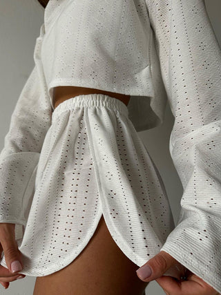 Eyelet Round Neck Top and Shorts Set Trendsi