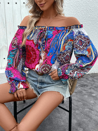 Tied Ruffled Printed Off-Shoulder Long Sleeve Blouse Divacious