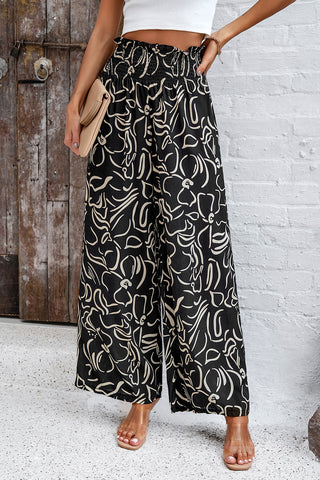 Smocked Printed Wide Leg Pants with Pockets Divacious