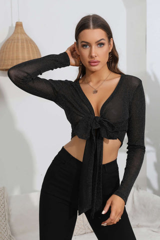 Tie Front Deep V Long Sleeve Crop Top Divacious