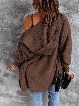 Open Front Hooded Faux Fur Outwear with Pockets Divacious