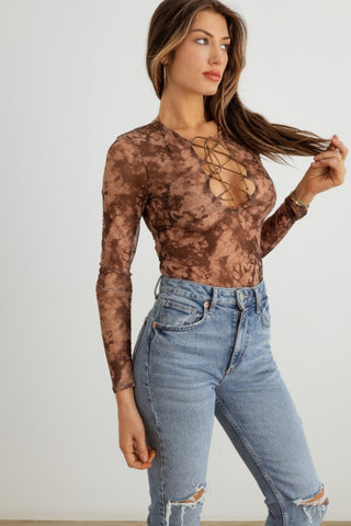 HERA COLLECTION Abstract Mesh Lace-Up Long Sleeve Bodysuit Divacious