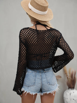 Openwork Flare Sleeve Cropped Cover Up Divacious