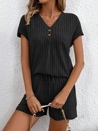 Ribbed V-Neck Top and Shorts Set Trendsi