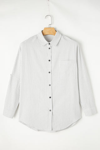 Pocketed Striped Collared Neck Long Sleeve Shirt Divacious