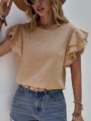 Ruffled Cap Sleeve Round Neck Blouse Divacious