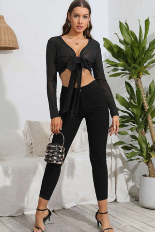 Tie Front Deep V Long Sleeve Crop Top Divacious