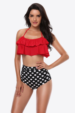 Two-Tone Ruffled Halter Neck Two-Piece Swimsuit Divacious