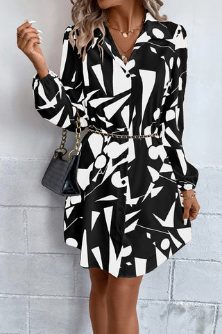 Geometric Long Sleeve Shirt Dress Trendsi