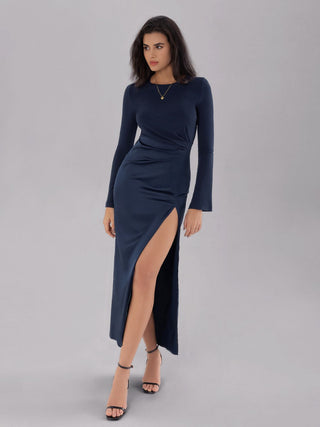 Split Round Neck Long Sleeve Midi Dress - Divacious