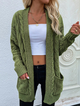 Woven Right Cable-Knit Open Front Cardigan with Front Pockets Divacious