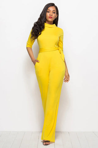 Mock Neck Tie-Waist Half Sleeve Jumpsuit Divacious