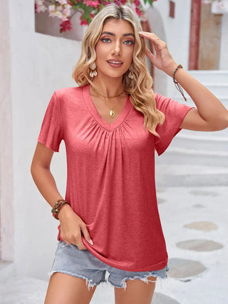 Ruched V-Neck Short Sleeve T-Shirt Divacious