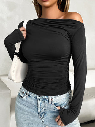 Ruched One Shoulder Long Sleeve T-Shirt Divacious