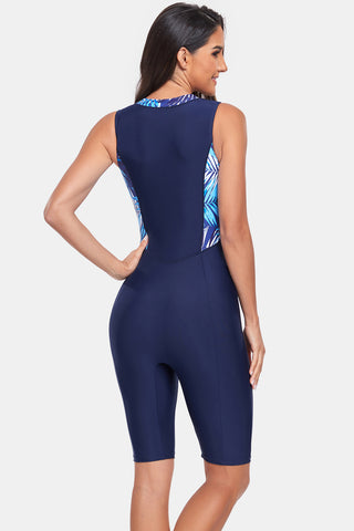 Printed Half Zip Sleeveless One Piece Swimwear Divacious