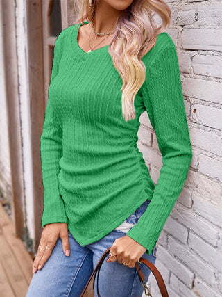 Textured Ruched V-Neck Long Sleeve T-Shirt Divacious