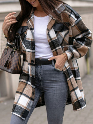 Pocketed Plaid Button Up Dropped Shoulder Shacket Divacious