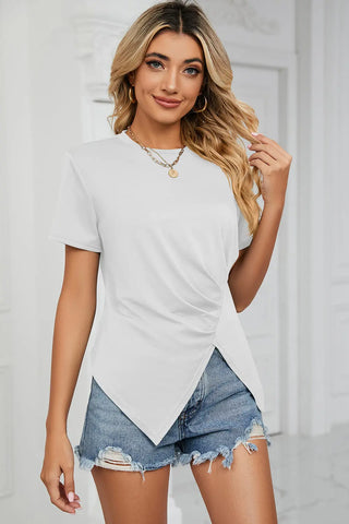 Ruched Round Neck Short Sleeve T-Shirt Divacious