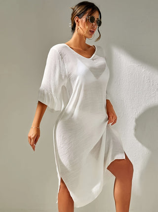 Slit V-Neck Flounce Sleeve Cover-Up Divacious