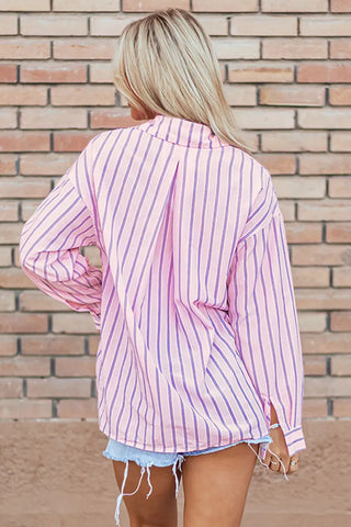 Striped Collared Neck Long Sleeve Shirt Divacious