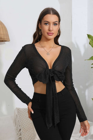 Tie Front Deep V Long Sleeve Crop Top Divacious