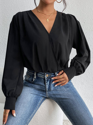 Surplice Ruched Long Sleeve Bodysuit Divacious