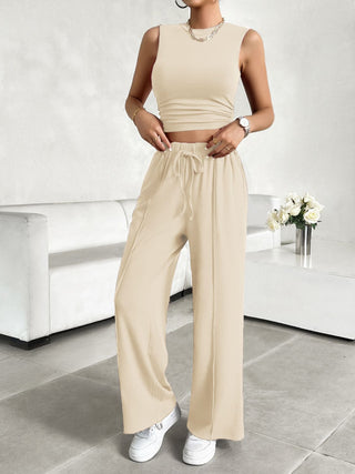 Devine Mock Neck Sleeveless Top and Drawstring Pants Set Trendsi