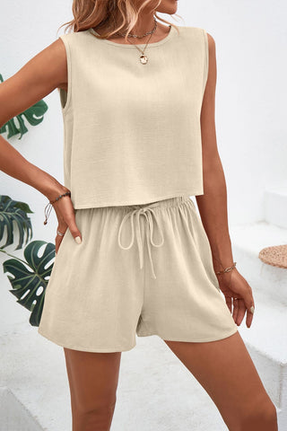 Round Neck Top and Drawstring Shorts Set Trendsi