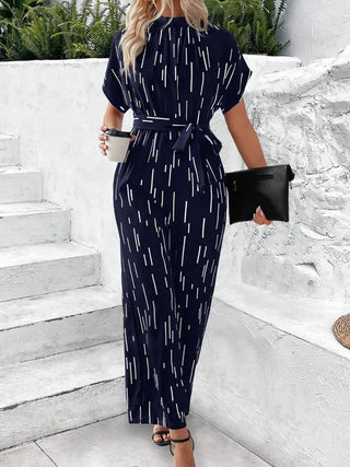 Tied Printed Mock Neck Wide Leg Jumpsuit Divacious