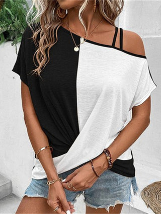 Contrast Asymmetrical Neck Short Sleeve T-Shirt Divacious