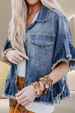 Ruffled Raw Hem Half Sleeve Denim Top Divacious