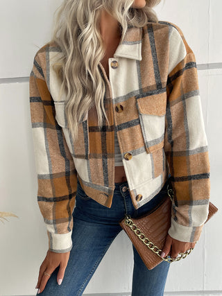 Plaid Button Up Drop Shoulder Cropped Jacket Divacious