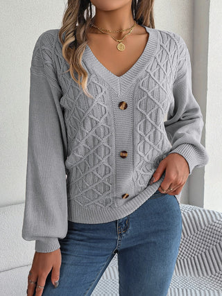 Cable-Knit V-Neck Lantern Sleeve Sweater Divacious