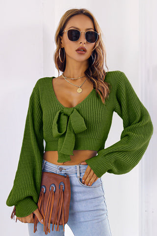 Bow V-Neck Long Sleeve Cropped Sweater Divacious