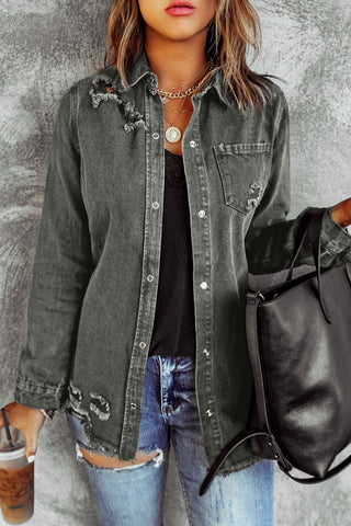 Distressed Raw Hem Snap Down Denim Jacket Divacious