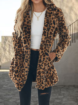 Leopard Collared Neck Coat with Pockets Divacious