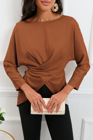 Boat Neck Back Tie Long Sleeve Satin Blouse Divacious