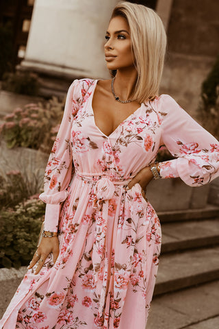 Floral Tie Belt Bishop Sleeve Slit Maxi Dress Trendsi