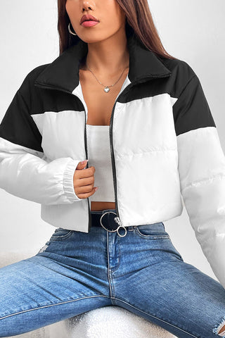 Collared Neck Color Block Puffer Jacket Trendsi