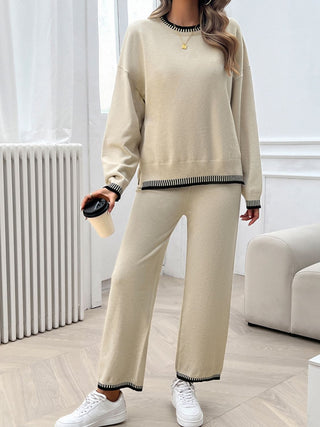 Devine Round Neck Dropped Shoulder Top and Pants Sweater Set Trendsi