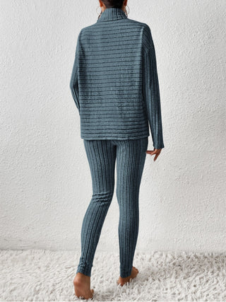 Ribbed Turtleneck Top and Pants Set Trendsi