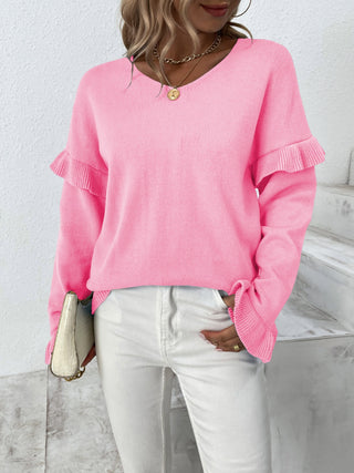 Ruffled V-Neck Dropped Shoulder Sweater Divacious